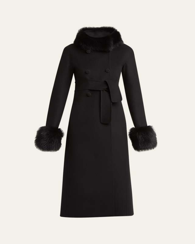 Faux Fur Trim Belted Wool-Cashmere Coat